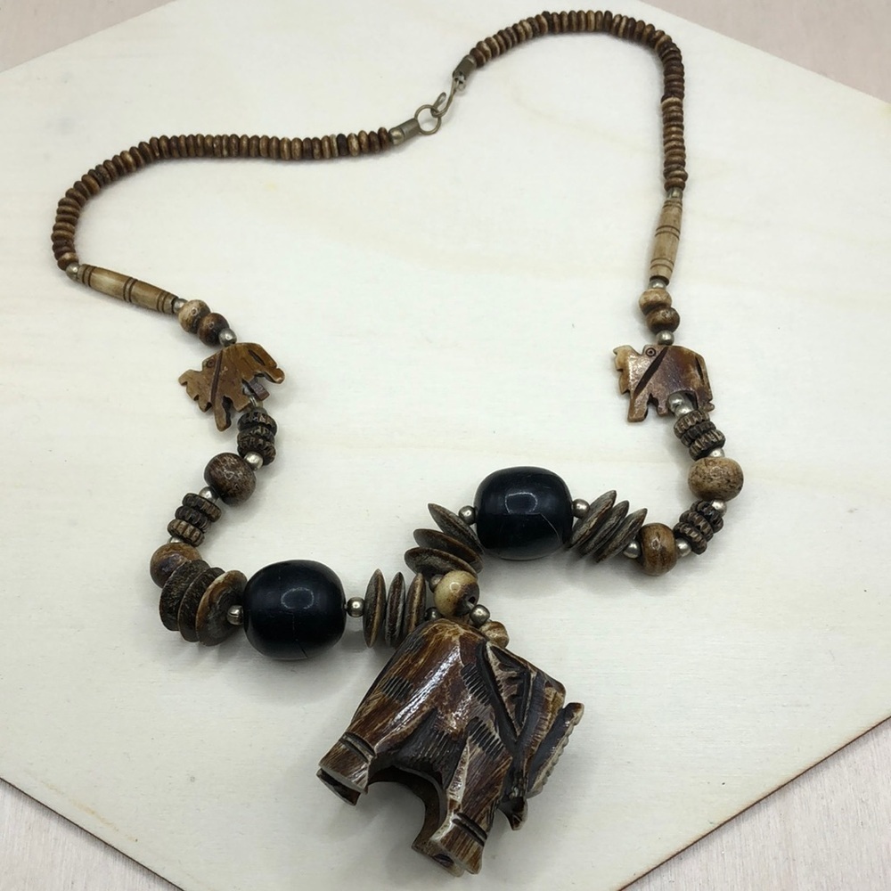 Vintage artisan carved bone beaded tribal necklace elephant pendant-statement.